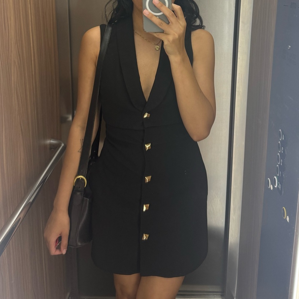Zara Black Sleeveless Buttoned Waistcoat Dress With Belt & Gold Tone Buttons